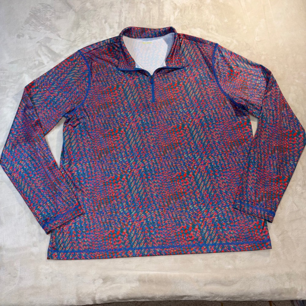 Tek Gear‎ Mens XXL Quarter Zip Pullover Blue Red Abstract Dot Print Active Top